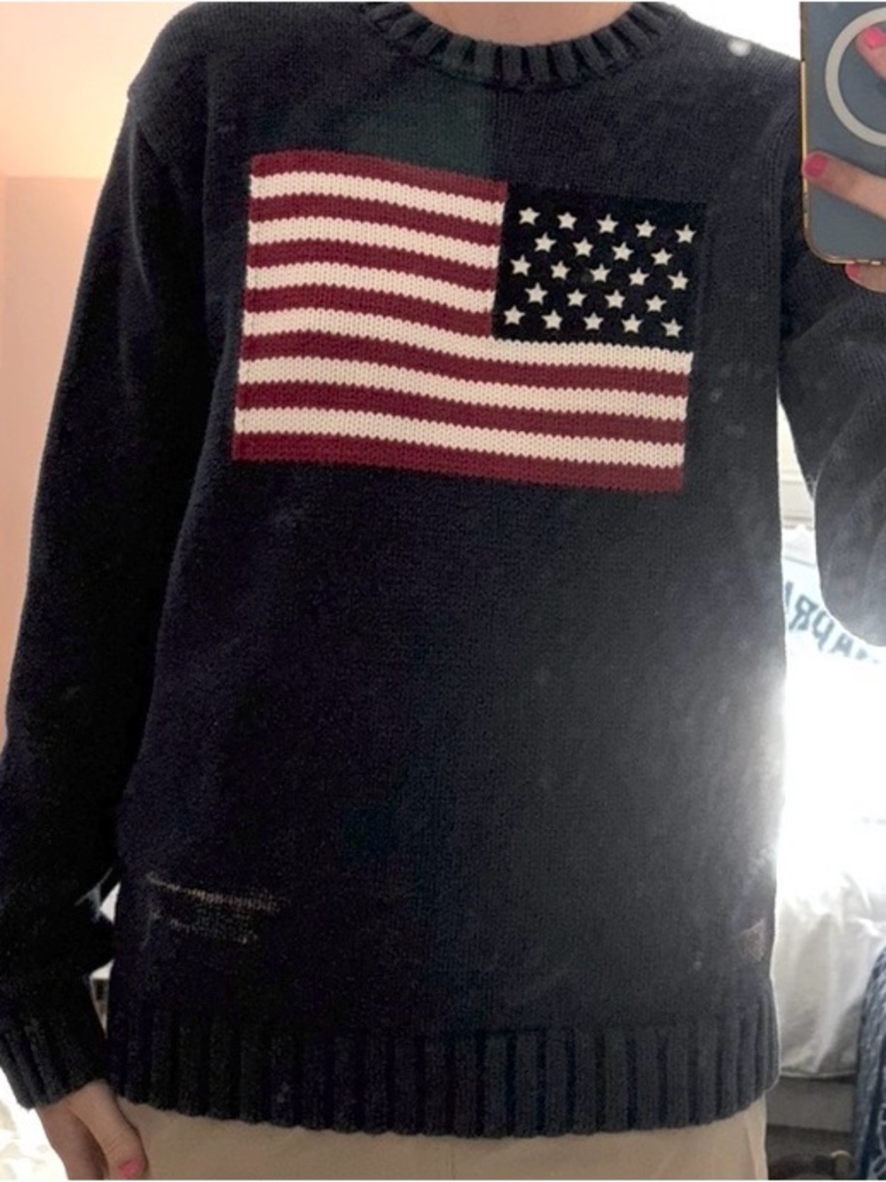 Brandy Melville Navy Crewneck Sweater with Flag Patch